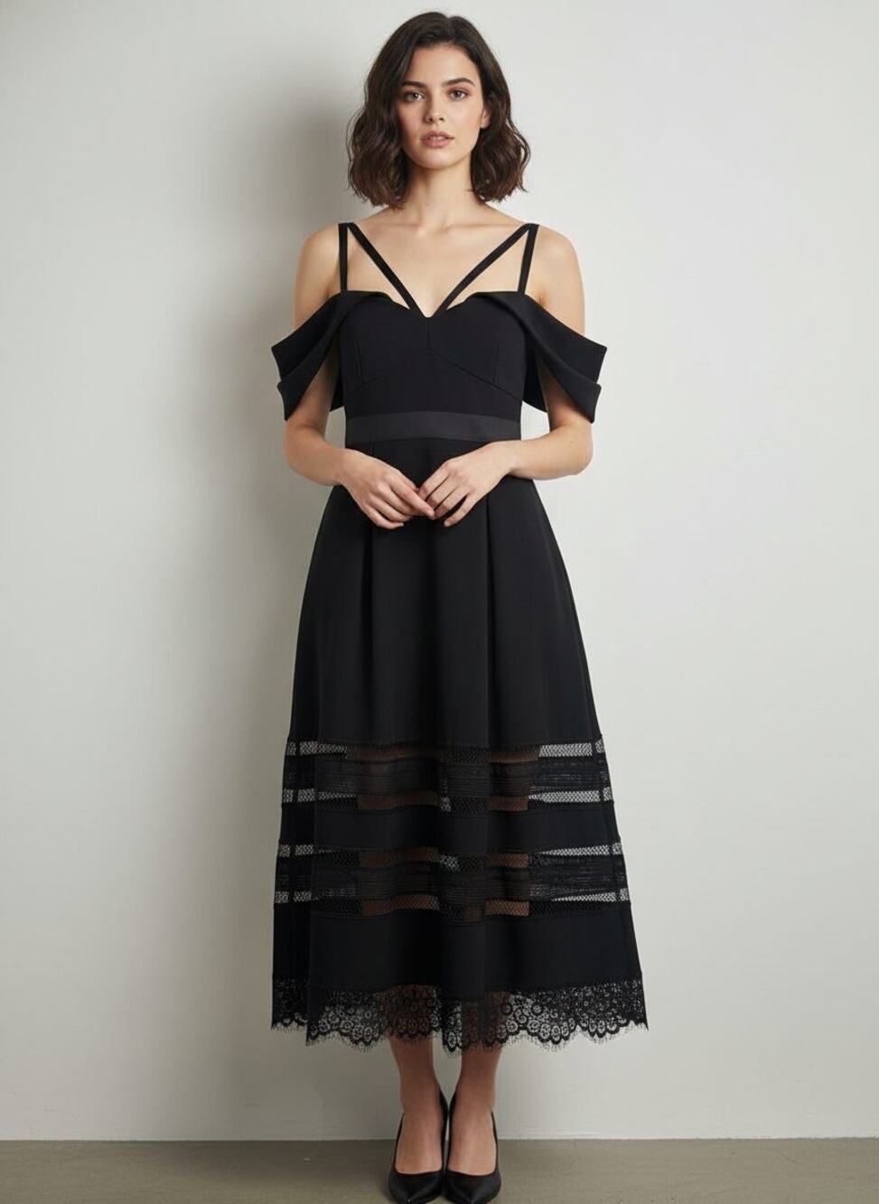 SELF-PORTRAIT Cady Off the Shoulder Lace Trim Midi Dress, Size 10 NWT